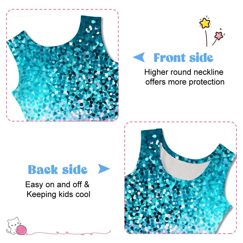 Funnycokid Gymnastics Leotards for Girls Kids Outfits Sparkly Unitards Clothes with Shorts, Diamond Mint Green Pink, 6-7 Years