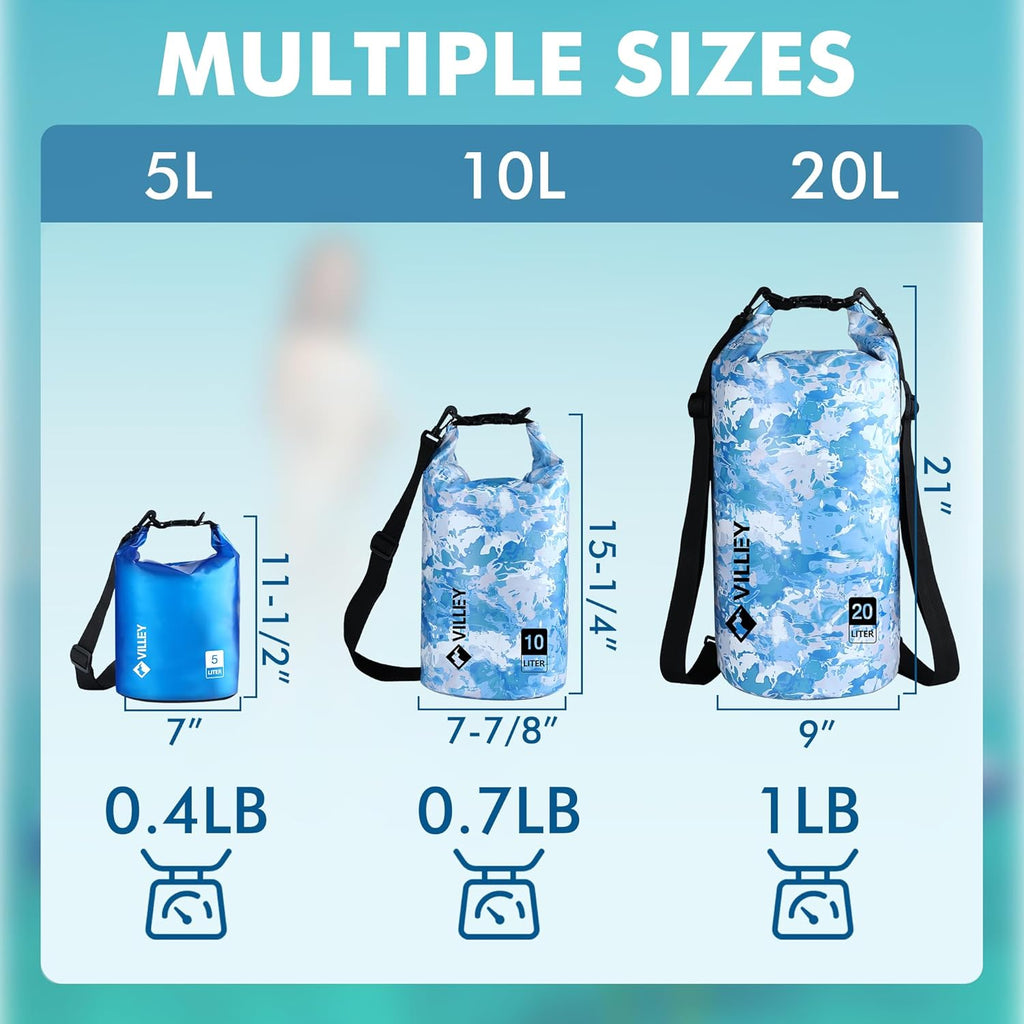 VILLEY Waterproof Dry Bag - 5L Roll Top Storage Backpack for Kayaking, Camping & Beach - Blue Transparent