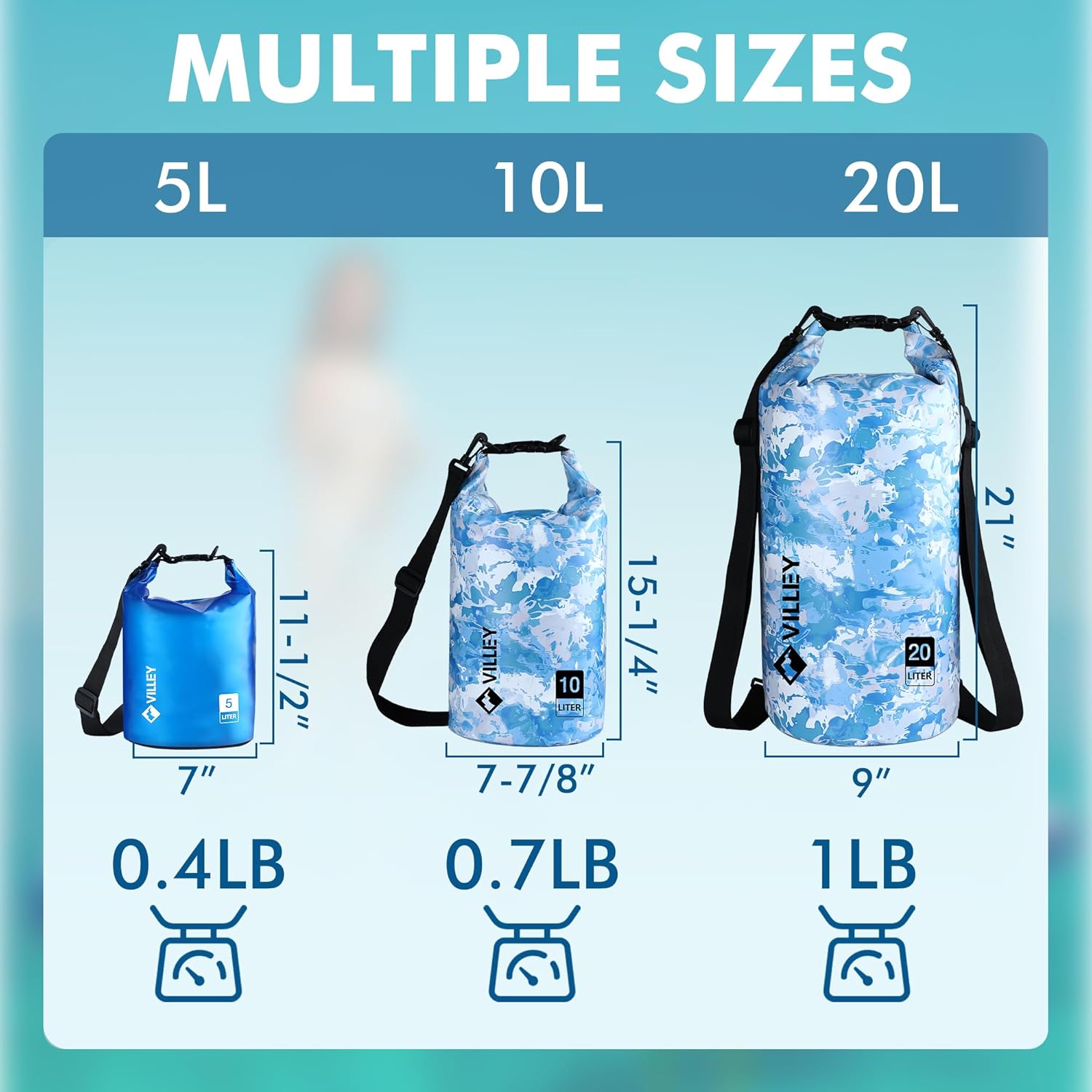 VILLEY Waterproof Dry Bag - 5L Roll Top Storage Backpack for Kayaking, Camping & Beach - Blue Transparent