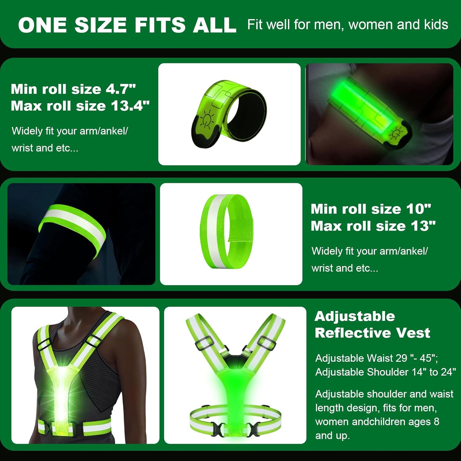 Skiennix Reflective Running Vest - Rechargeable LED Armband for Night Safety | Adjustable Size for All Ages