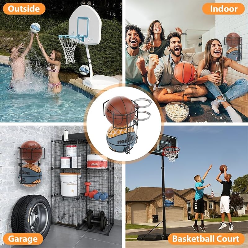 Outdoor Basketball Holder Wall Mount & Pole Rack for 2 Balls