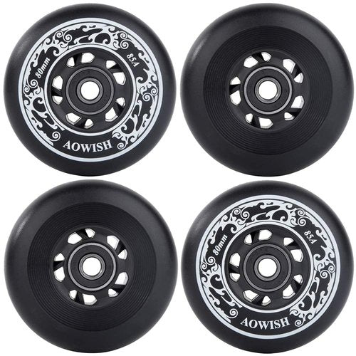 AOWISH Inline Skate Wheels 85A Outdoor Asphalt Formula Hockey Roller Blades Replacement Wheel with Bearings ABEC-9 and Floating Spacers (8-pack) (Black, 80mm)