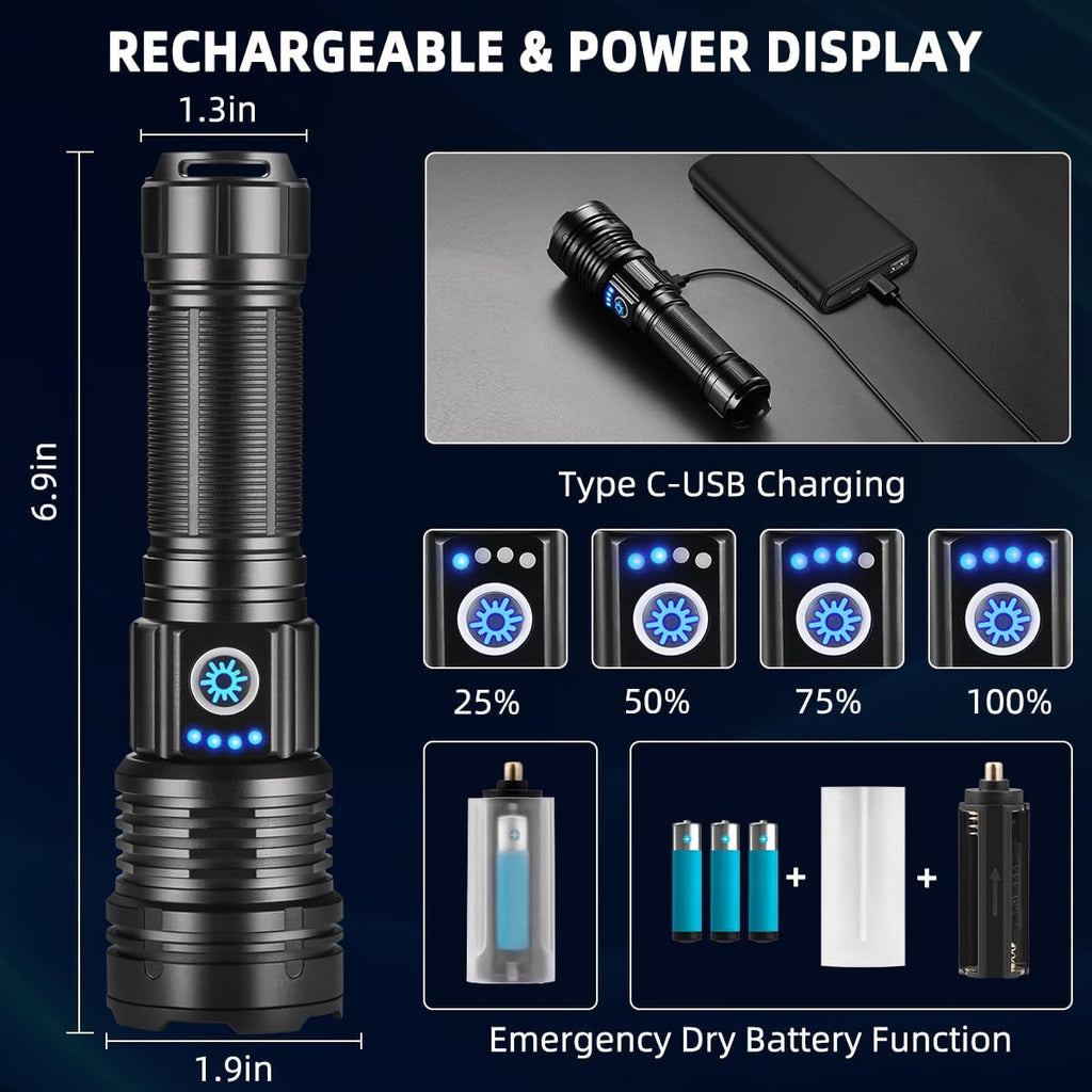 Skiennix High Lumens Rechargeable Flashlight - Super Bright Tactical LED Light | Waterproof & Adjustable for Camping, Hiking, Emergencies