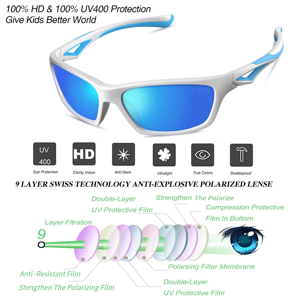 ACBLUCE Kids Sunglasses Polarized for Boys Girls Child Toddler Sport Baseball Cycling Running Softball Beach White Blue Glasses for age 3 4 5 6 7