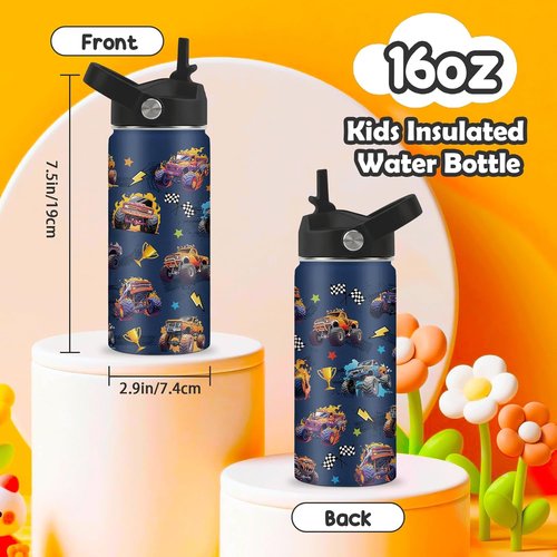 Monster Truck Water Bottle - 16oz Stainless Steel Insulated Cup with Straw | Fun Design for Kids