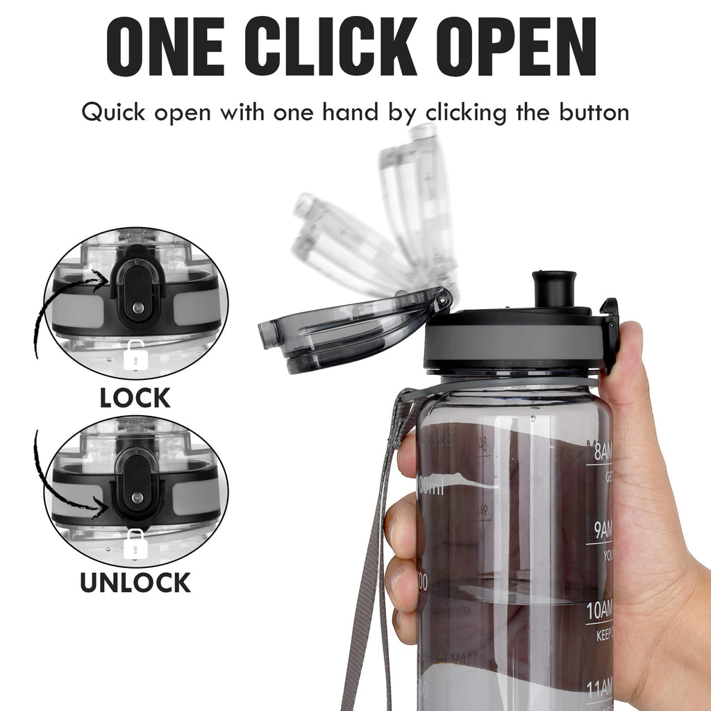 OLDLEY Water Bottle, 32oz Motivational Sports Water Bottle with Time Marker - Times to Drink - Tritan, BPA Free, Wide Mouth Leakproof,Anniversary Birthday Gifts for Men Women,Smoke Grey (1 Bottle)