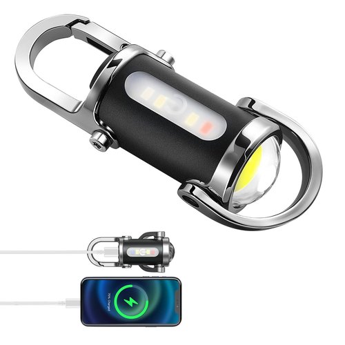 BudaTao Emergency Keychain Flashlight（3 in 1）, Rechargeable 500 Lumens EDC Tool with Red/Blue Strobe, 1000mAh USB-C Charging, IPX7 Waterproof, Portable Flashlight for Emergencies (Black＆Silver)