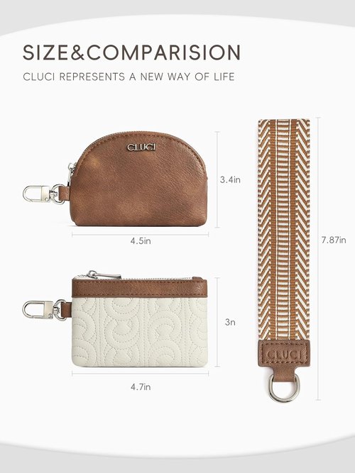 CLUCI Keychain Wallet - PU Leather Coin Purse with Detachable Dual Pouch - Beige & Brown