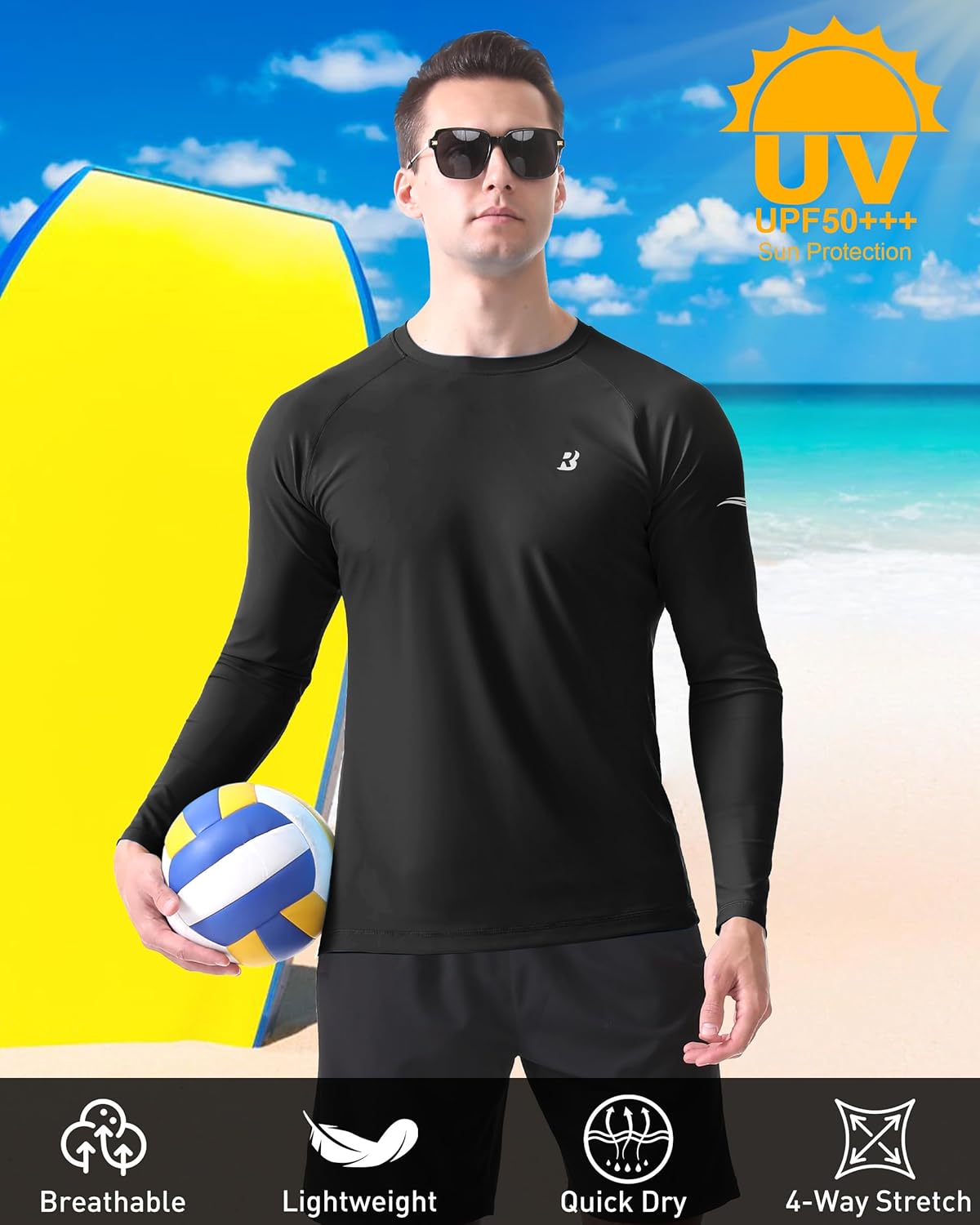 Roadbox UPF 50+ Men's Swim Shirt - Long Sleeve Sun Protection Rash Guard for Fishing & Hiking
