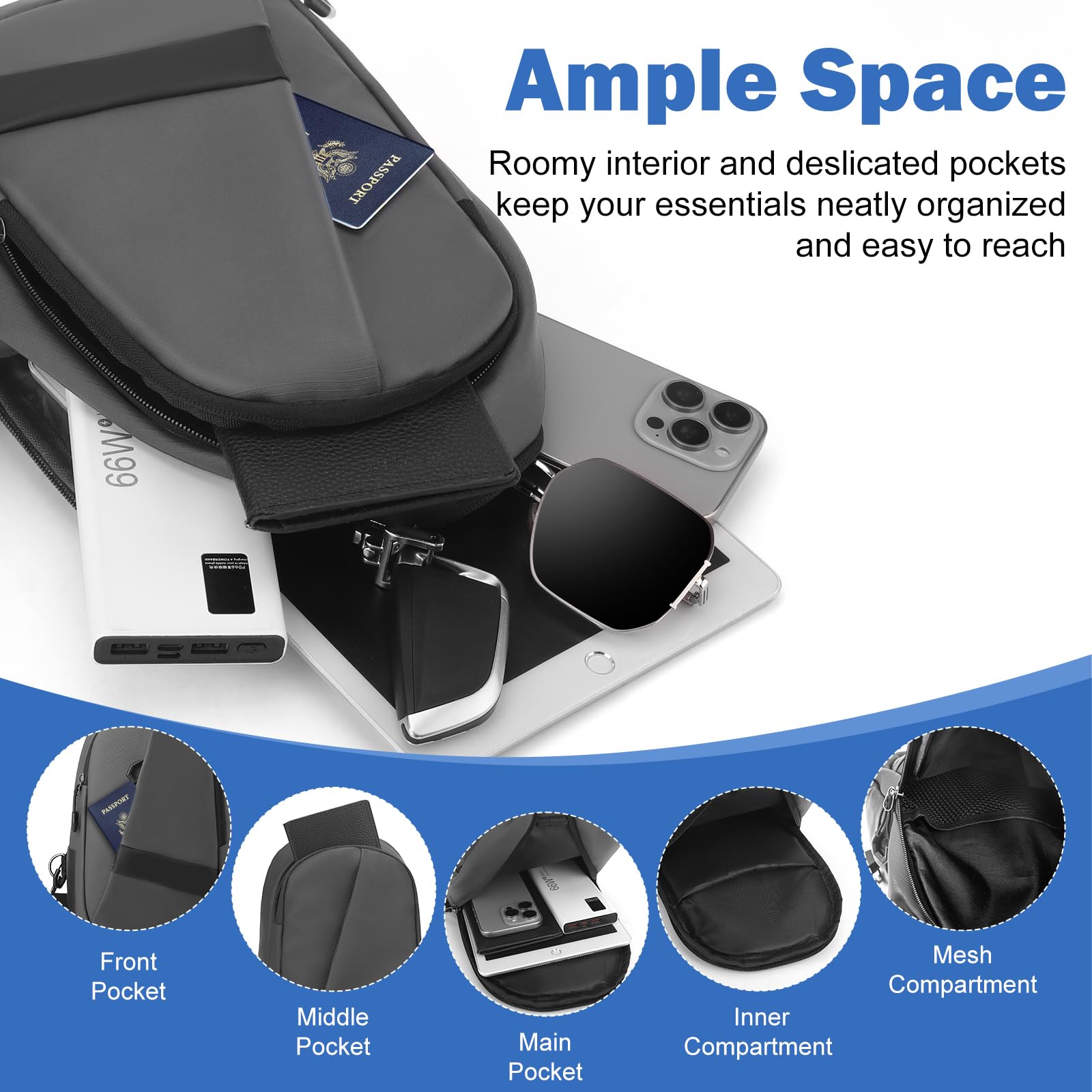 Hoedia Crossbody Sling Bag for Men Women, Shoulder Cross Body Bag EDC Fanny Backpack with Reflective Strip and Multi-pocket (Grey)