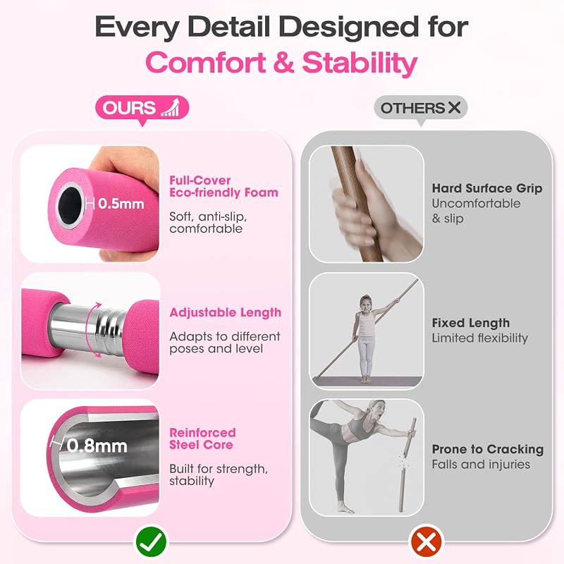 Yoga Stick Mobility Bar - Adjustable 4-Section Posture Stretch (Pink) KUZARO