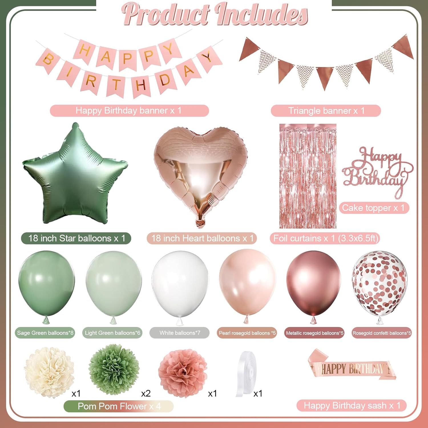 Regine Switzerland Birthday Decorations - Retro Rose Gold & Sage Green Party Décor Set | Balloons, Banners & More