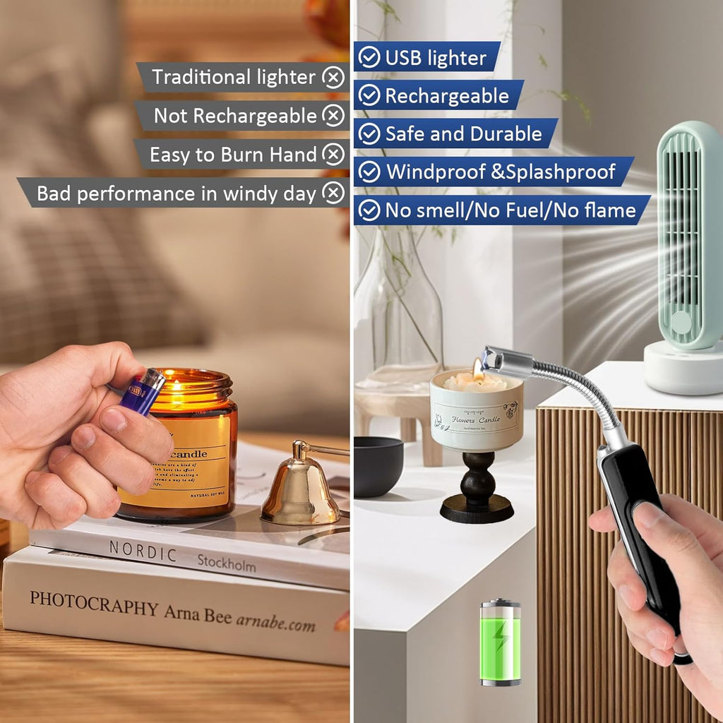 Skiennix Flameless Plasma Arc Electric Lighter - USB-C Rechargeable with Long Flexible Neck | Black