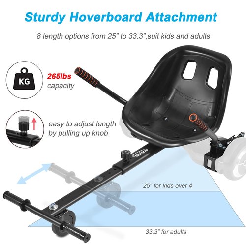 Hoverboard Seat Attachment Straps Not Required, 25”-33.3” Adjustable Length Hover Board Go Kart Accessory,265lbs Capacity,Bigger&Sturdier Seat,Go Cart Fit 6.5” 8.5” 10” Hoverboard,Kids Adults (black)