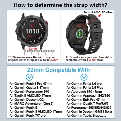 ZPJPPLX 22mm Quick-Fit Silicone Band Compatible with Garmin Fenix 8 Pro 47mm/E/7 Pro/7/6 Pro/6/5 Plus/5, Sport Replacement Straps For Approach S70/S62/Forerunner 970/965/955/quatix tactix 8 7 Pro 47mm