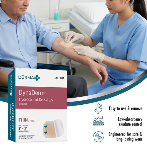Dynarex Dürma+ DynaDerm™ Hydrocolloid Dressing - Sterile Bordered Wound Patch - Water-Resistant - Flexible Protection - Thin - 2" x 2" - 20 per Box