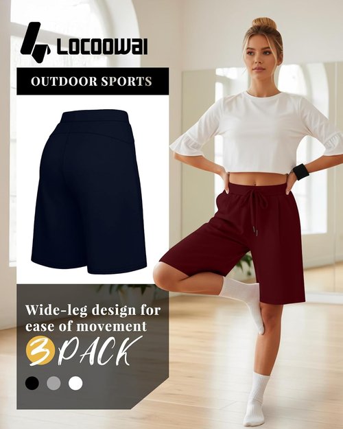 Locoowai Women's Bermuda Shorts - Casual Drawstring Athletic Shorts with Pockets | 3-Pack Set