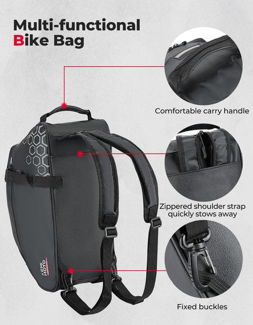 KEMIMOTO Rear Bike Rack Bag, 11L Water-resistant Trunk Bag 3-IN-1, Zippered Bicycle Backpack Shoulder Pannier Saddle Bag for Ebikes Cycling Commuting Travel Outdoor Camping