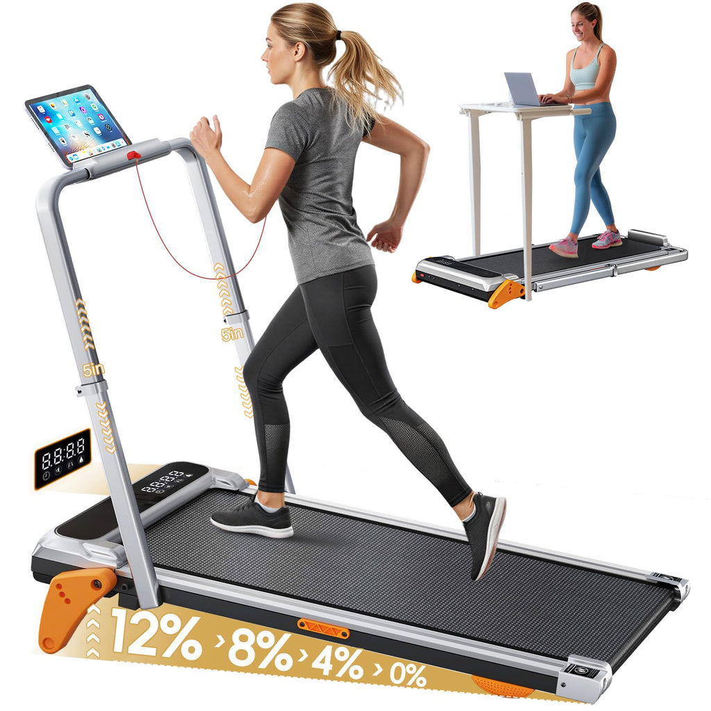 Walking Pad with Incline Portable Treadmill with Handle Bar for Home Office Under Desk Use Small Space Treadmill, Silver