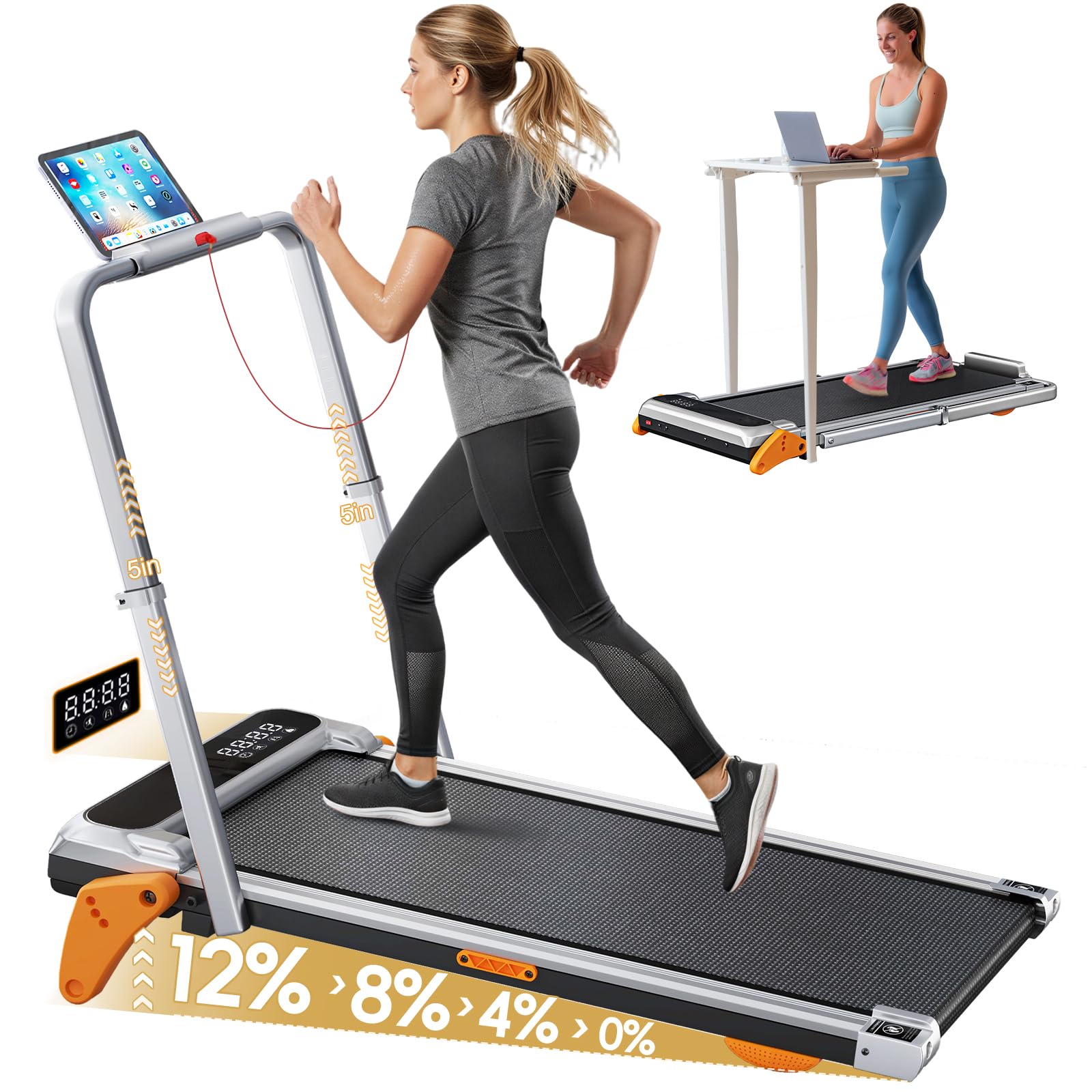 Walking Pad with Incline Portable Treadmill with Handle Bar for Home Office Under Desk Use Small Space Treadmill, Silver