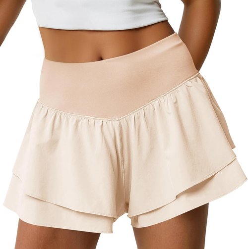 Fisoew Women's High Waisted Athletic Shorts - Ruffle Tiered Design for Running & Workouts | Built-In Shorts