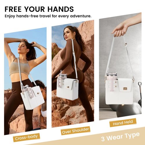 Outdoor Portable Crossbody Water Cup Storage Bag Crossbody Case with Sports Water Bottle Holder for Women Tumbler Purse with Water Bottle Pocket Compatible with Most Water Bottles Carrier Bag, White