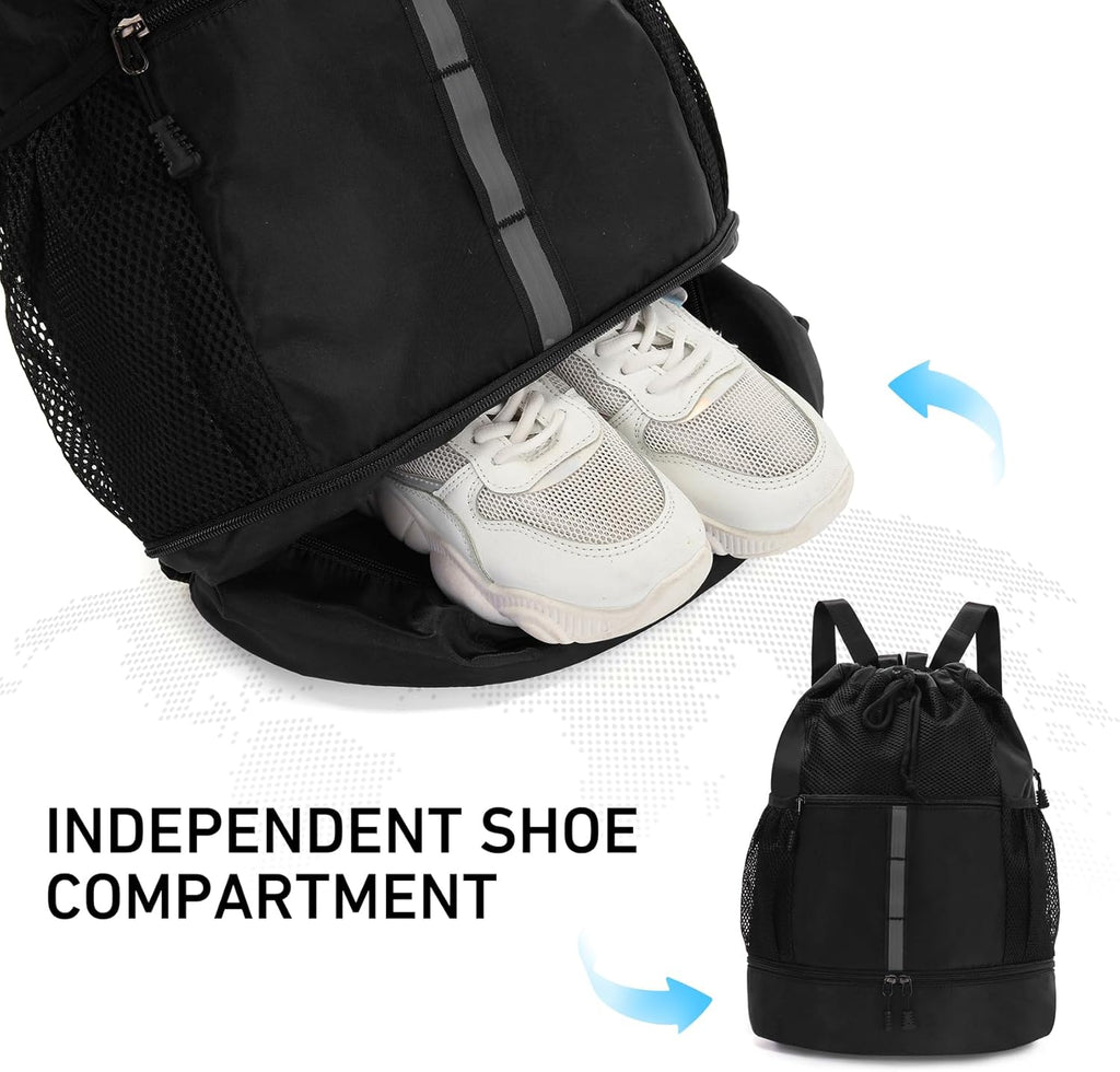 Valleycomfy Gym Bag - Drawstring Sports Backpack with Shoe Compartment & Reflective Strips | Black