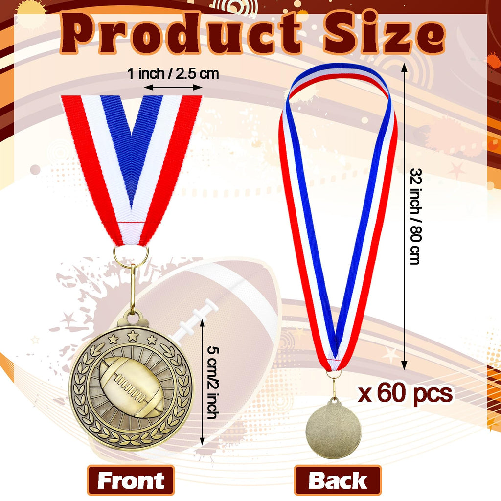 Remuuly 60 Pcs Gold Award Medals 2 Inch Soccer Baseball Volleyball Football Cheer Trophy Medals Metal Awards Bulk with Neck Ribbons Trophy Prize Gifts for Sports Competitions(Football)