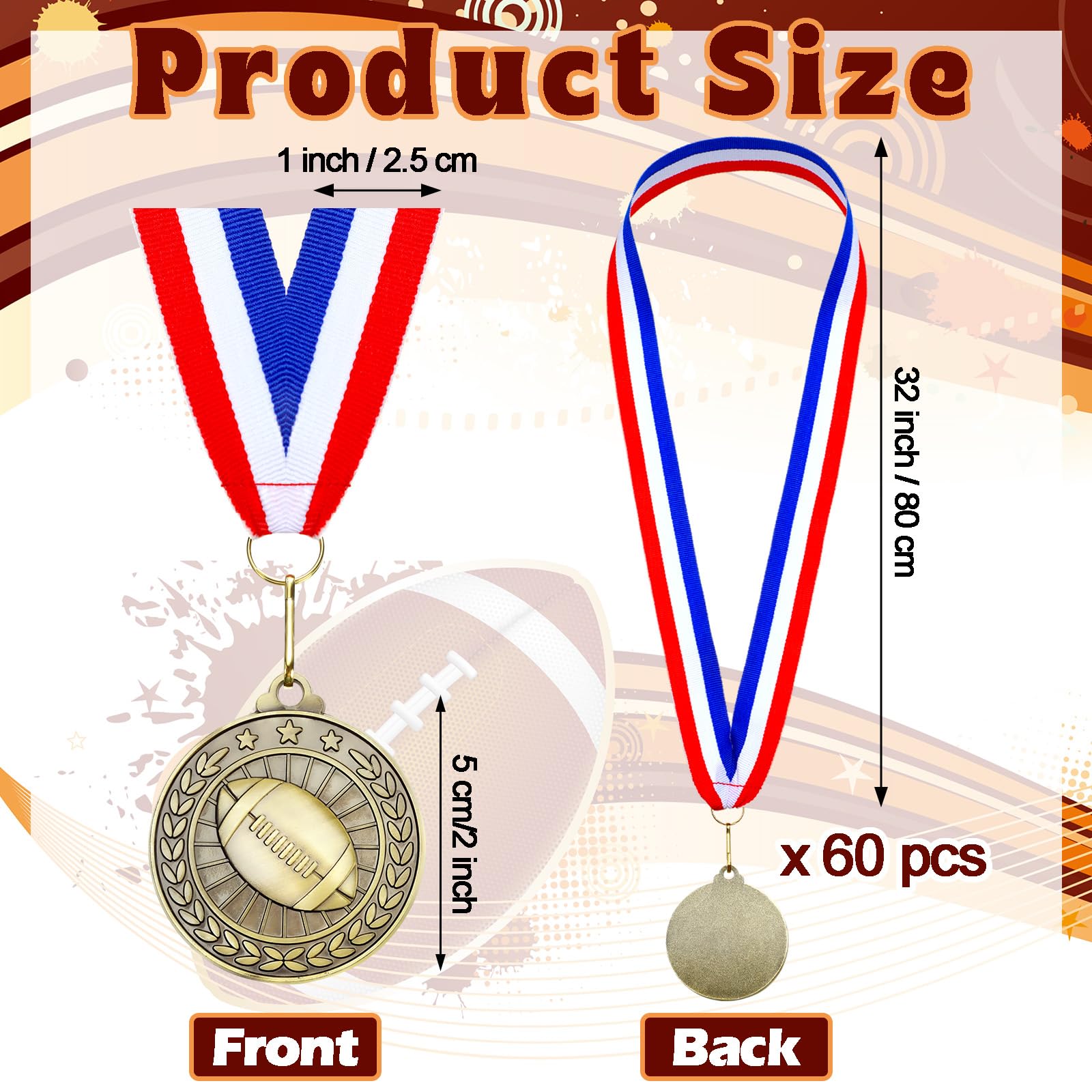 Remuuly 60 Pcs Gold Award Medals 2 Inch Soccer Baseball Volleyball Football Cheer Trophy Medals Metal Awards Bulk with Neck Ribbons Trophy Prize Gifts for Sports Competitions(Football)