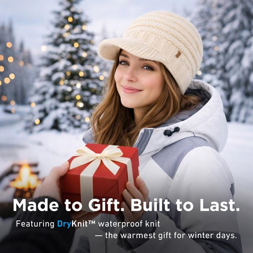 TOP-EX Winter Waterproof Fleece Lined Visor Beanie with Brim for Women Snow Cold Weather Warm Fashion Knit Stylish Outdoor Big Head Beige Medium