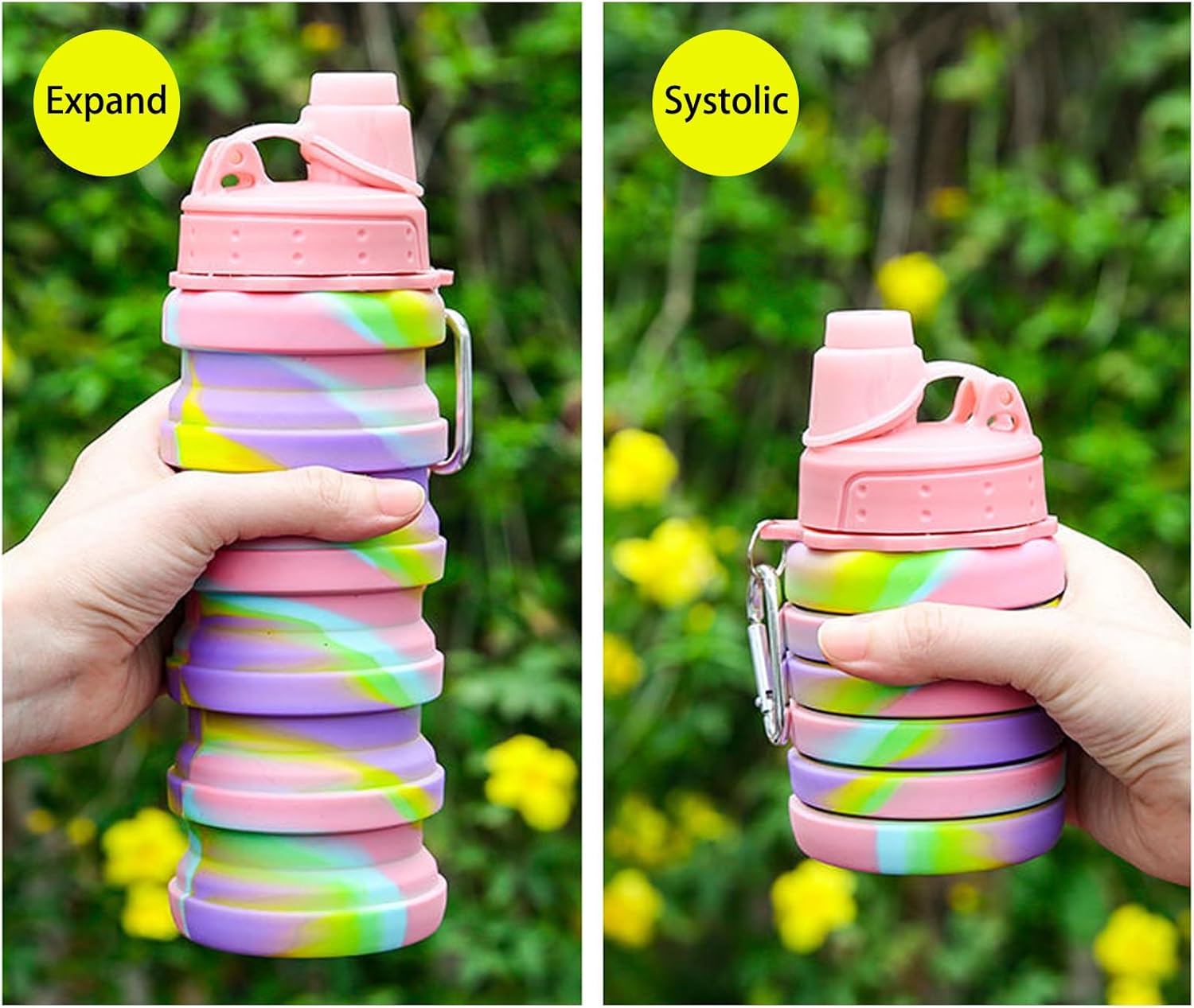 Skiennix Collapsible Water Bottle - Portable 500ml Silicone Travel Bottle with Mountaineering Buckle
