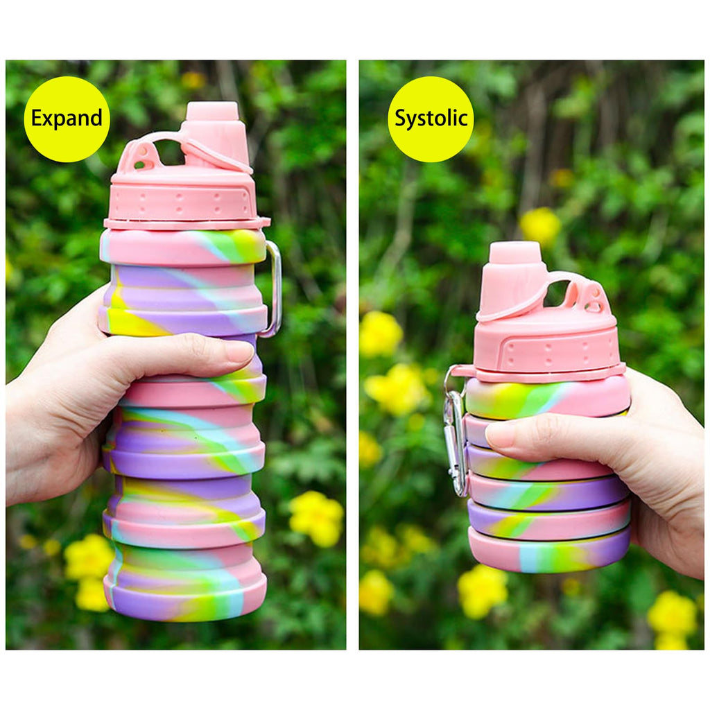 YCTMALL Collapsible Water Bottles Two Pack Travel Sports Portable Sport Water Bottle comes with mountaineering Buckle 500ml silicone Water-proof camping water bottle (Blue and Pueple Color)