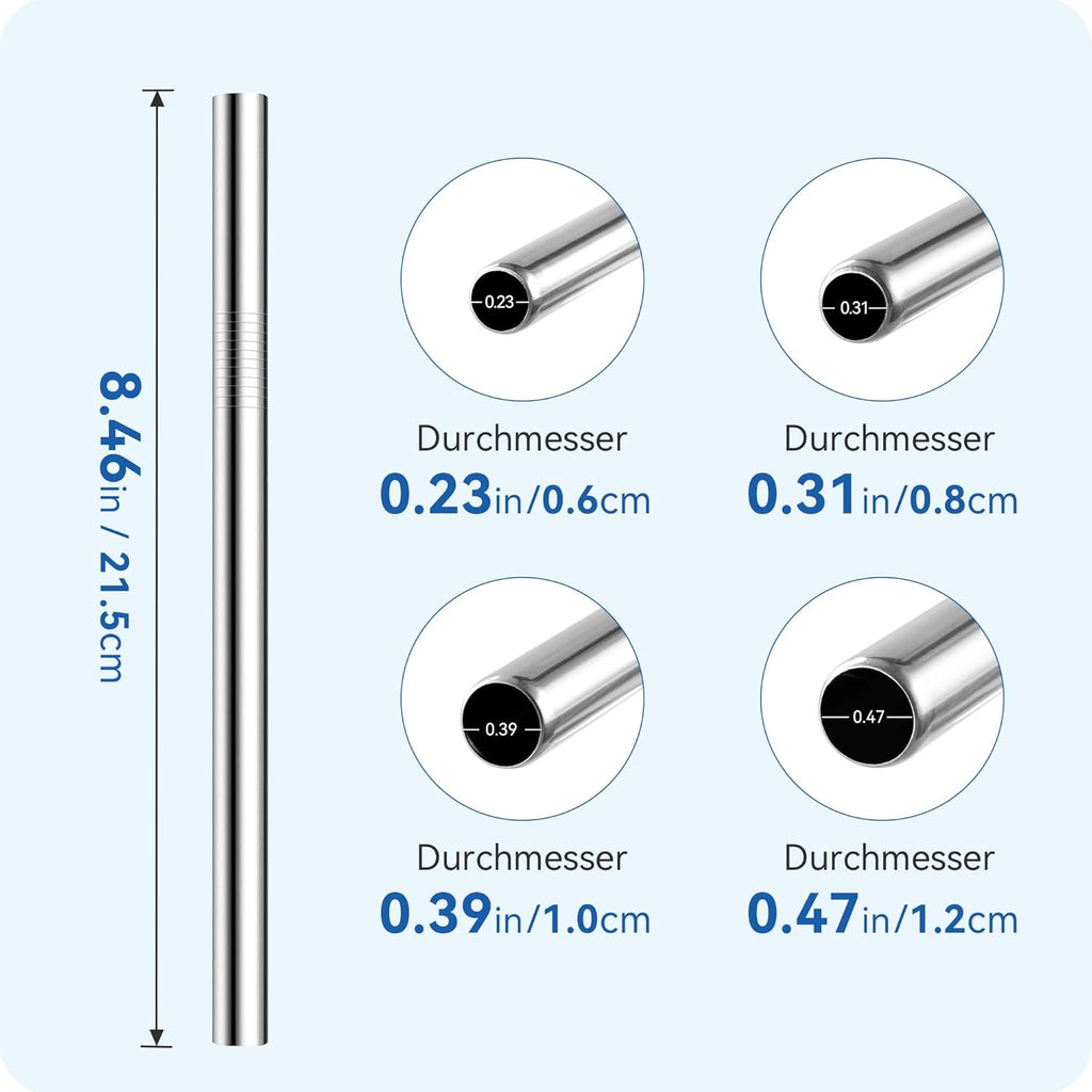 Skiennix 4-Pack Stainless Steel Straw Set - Reusable & Dishwasher Safe - 215mm Length, Multiple Diameters (Black)