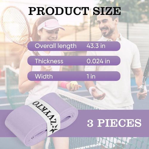 ZVYKTOR Tennis Racket Grip Tape, Ultra Thin Tacky Tennis Overgrip for Sweat Absorption & Control – Durable Anti-Slip Replacement Grip for Tennis, Badminton & Pickleball (Purple 3P Set)