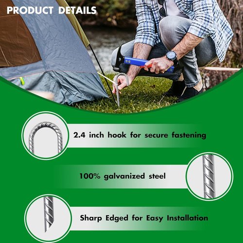 Eurmax USA 12" Windproof Trampoline Stakes - Rust-Proof Galvanized Steel J-Shape Ground Anchors | Secure Tie Down for High Winds, Silver