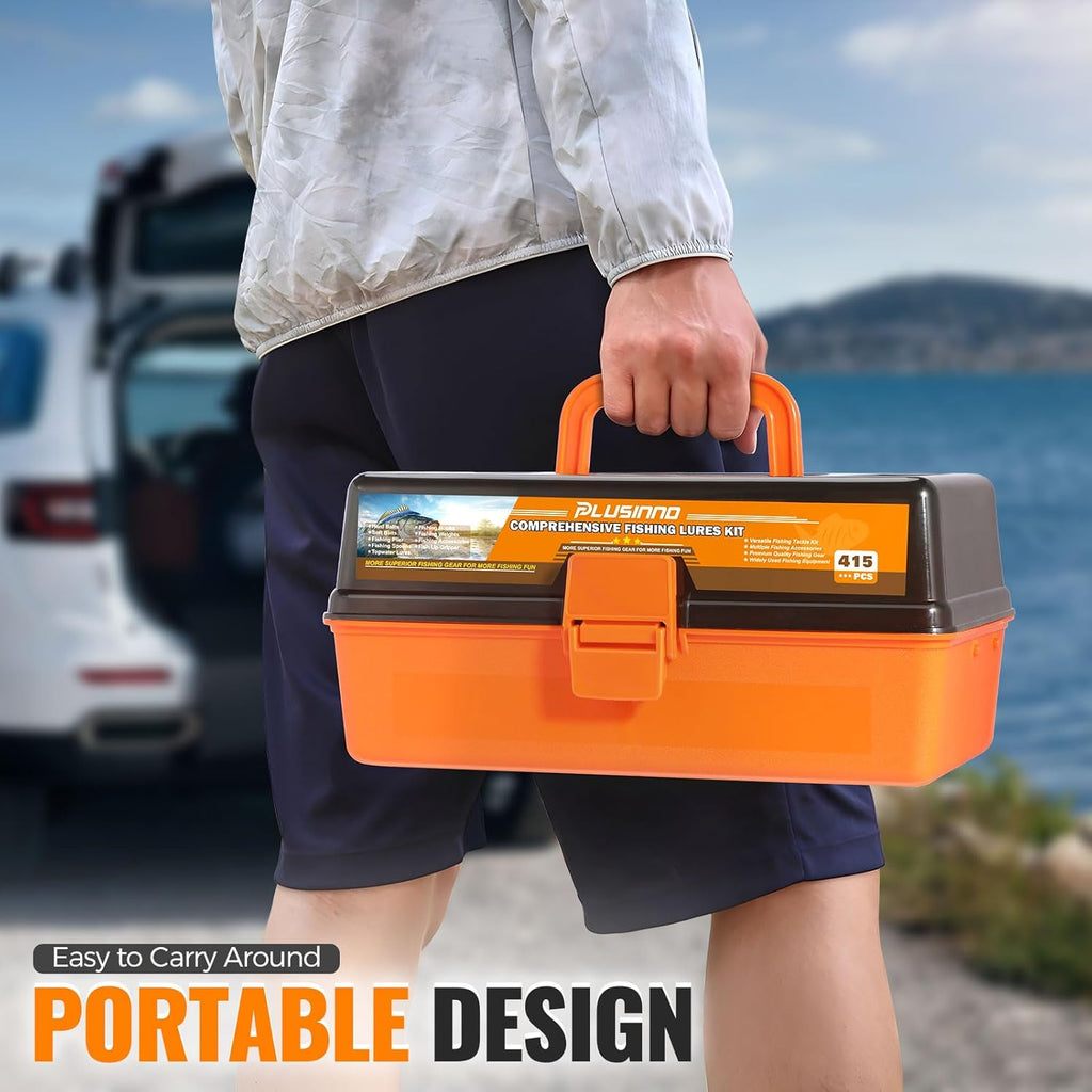 PLUSINNO Large Fishing Tackle Box - 3 Layers with 415Pcs Lures, Pliers & Accessories | Ideal Gift for Men