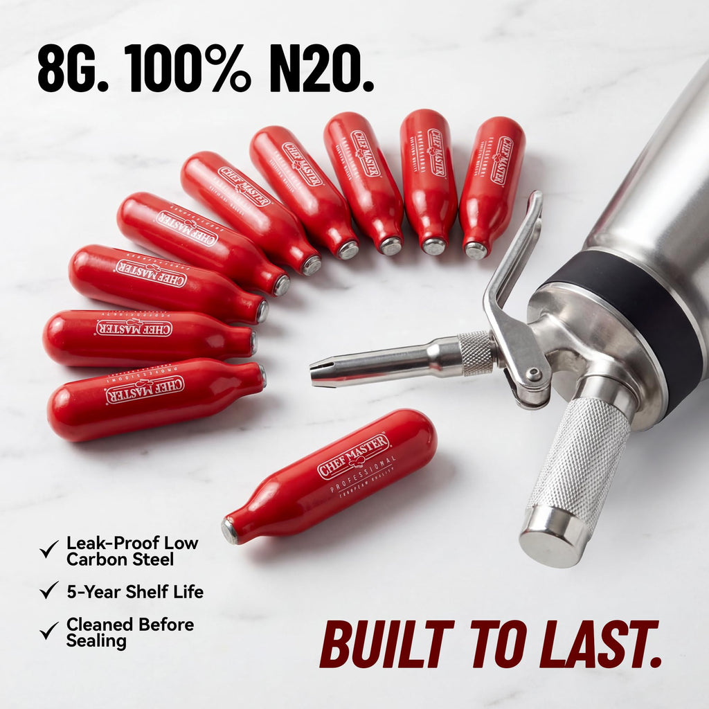 Chef Master 10 Pack N20 Whipped Cream Chargers - 8g Professional Nitrous Oxide Cartridges - Premium Whip Cream Charger Cartridge - Made in EU - Food-Safe Steel & Universal Fit for Dispensers - 90060