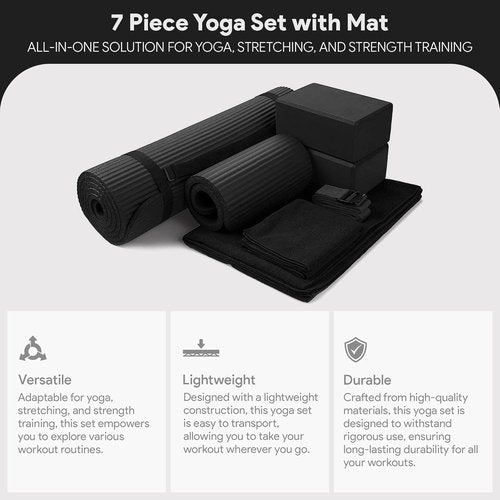 BalanceFrom 7-Piece Yoga Set - Extra Thick 71x24x0.5 Inch Mat with Carrying Sling, Blocks & Towels