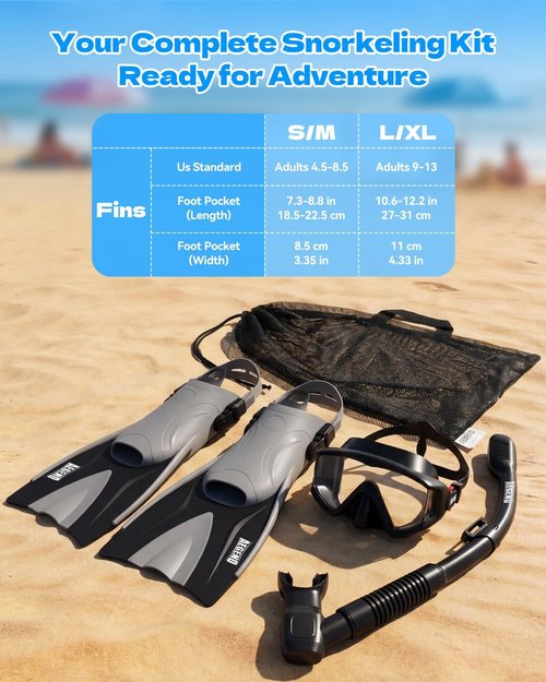 Aegend Snorkeling Gear Set - Anti-Fog Panoramic Mask, Adjustable Fins & Dry Top Snorkel | All-in-One for Adults