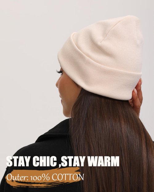 Satin Lined Knit Beanie Hat-100% Cotton Winter Hats for Women Men Silk Lining Soft Slouchy Warm Cuffed Beanies Hat