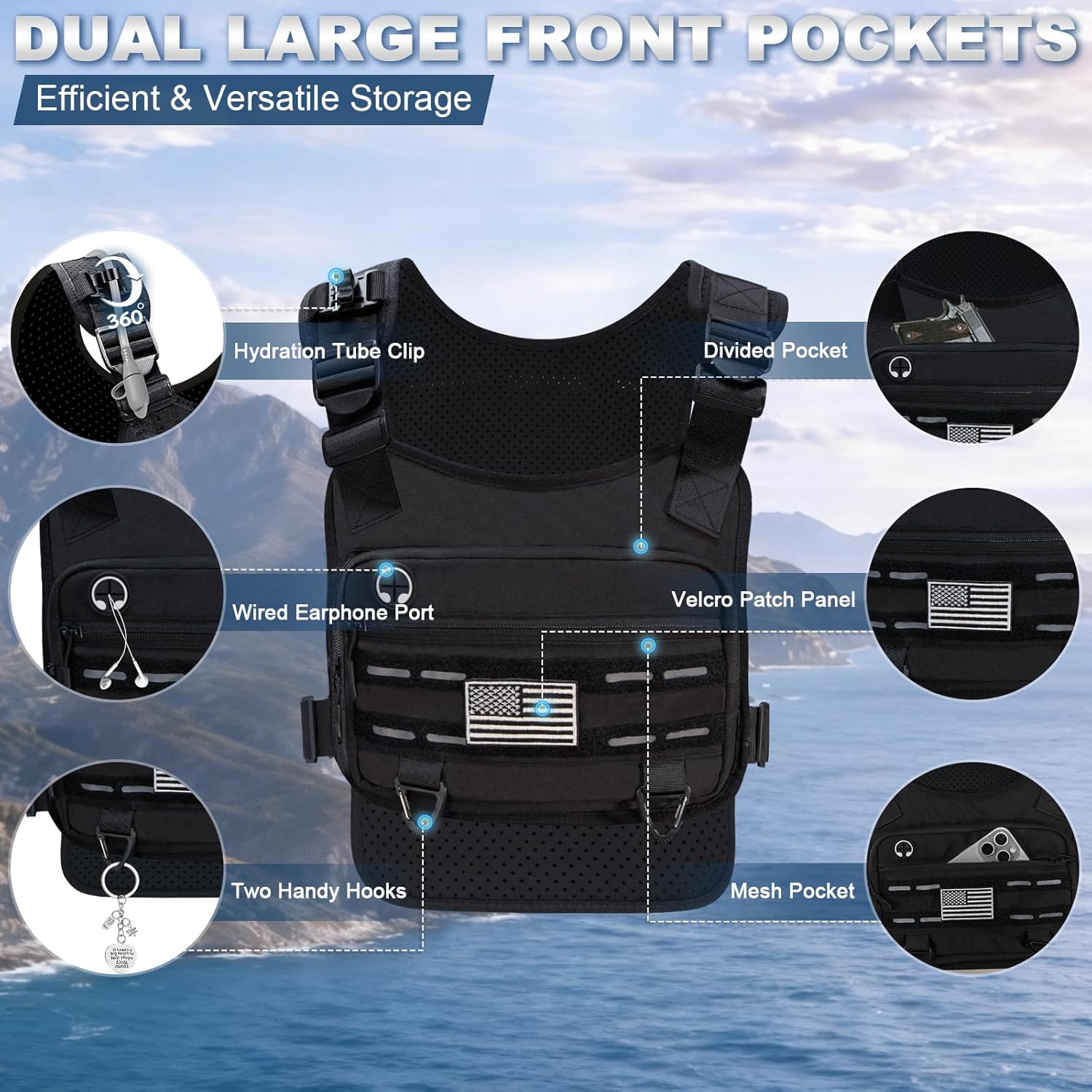 PORTHOLIC Running Vest - Adjustable Hydration Pack with 500ml/1.5L Water Bottle | Reflective & Lightweight for Hiking