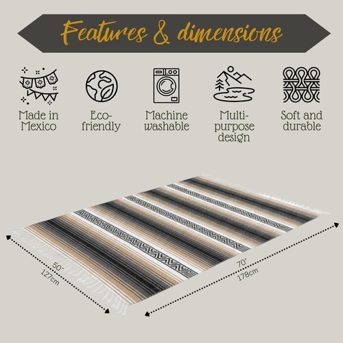 Authentic Handwoven Mexican Blanket, Falsa Serape - Soft & Durable - Vibrant Beach, Picnic, Yoga & Camping Mat - Traditional Boho Throw - Outdoor Blanket 70"x50" (Haze)