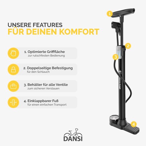 DANSI Bike Floor Pump - High Pressure 180 PSI with Gauge for Presta & Schrader Valves | Portable Multi-Purpose Air Pump