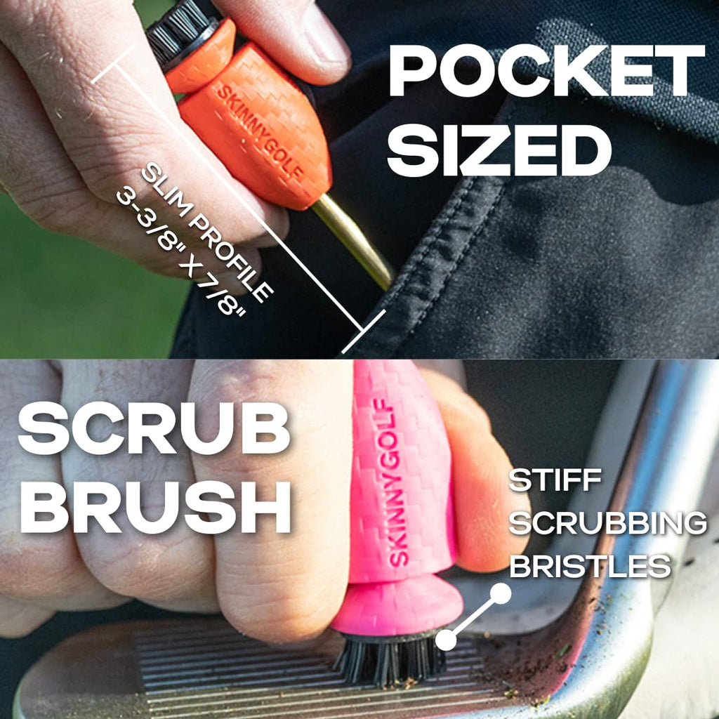 Skinny Golf Pocket Caddie | The Ultimate 4-in-1 Golf Tool | with Scrub Brush, Brass Tip Groove Cleaner, Divot Repair & Ball Marker | Fits Easily in Your Pocket | Holds Any Ball Marker (Red)