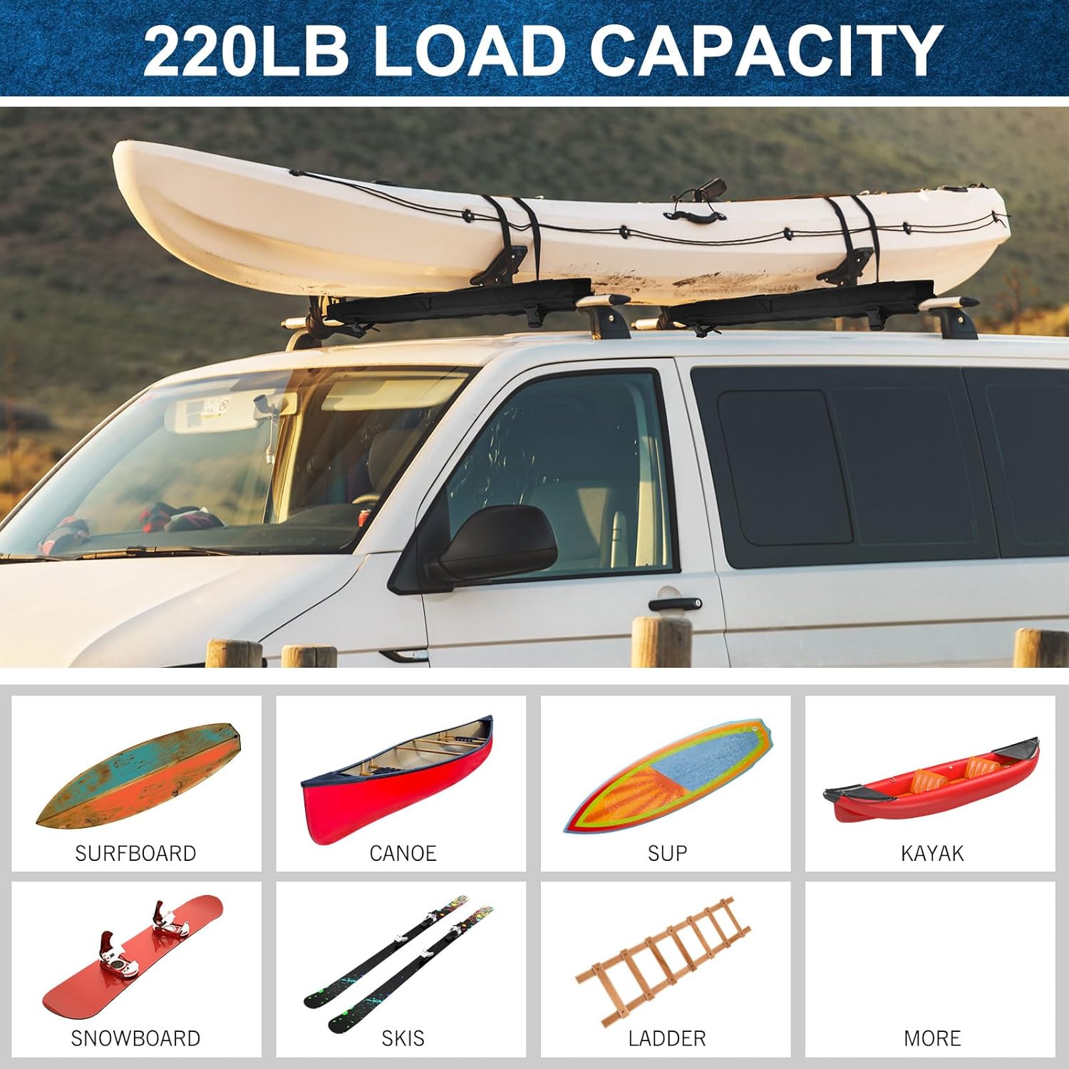 Skiennix Universal Soft Roof Rack Pads - Kayak Carrier & Surfboard Racks with 15ft Tie Down Straps | Black