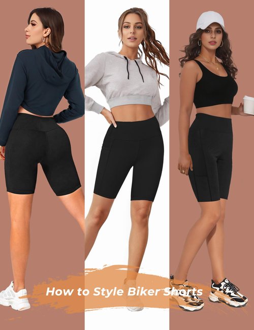 Biker Shorts Women Tummy Control Pockets Yoga Workout Stretchy Spandex Shorts Leggings Athletic Running Compression Shorts Tights Knee Length Ladies Long Slip Booty Shorts Under Dresses 2 Black