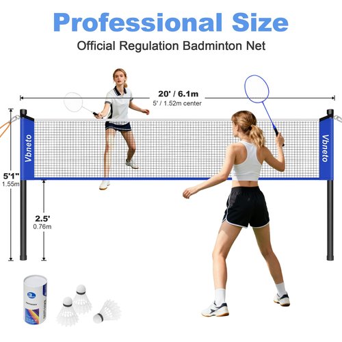 Vbneto Badminton Set, Portable Outdoor Anti-Sag System – Official 20ft x 5ft Easy Setup Durable Net with 4 Rackets, 3 Shuttlecocks & Carry Bag for Backyard, Lawn or Beach Fun