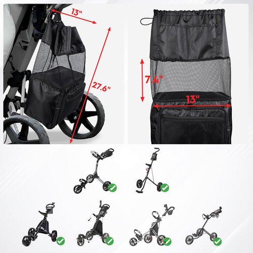 T TGBROS Universal Golf Push Cart Accessories - Expandable Mesh Storage Bag with Zippered Pockets, Backside Extension Net Organizer for Push-Pull Golf Carts (Black)