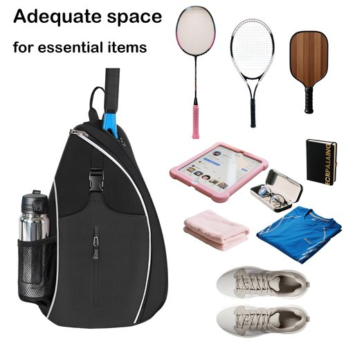 57lilina Pickleball Sling Bag - Lightweight Crossbody Design Holds 2 Paddles & 6 Balls - Ventilated Water Bottle Holder, Multiple Compartments - Fit for Drills, Casual Play & Travel Black