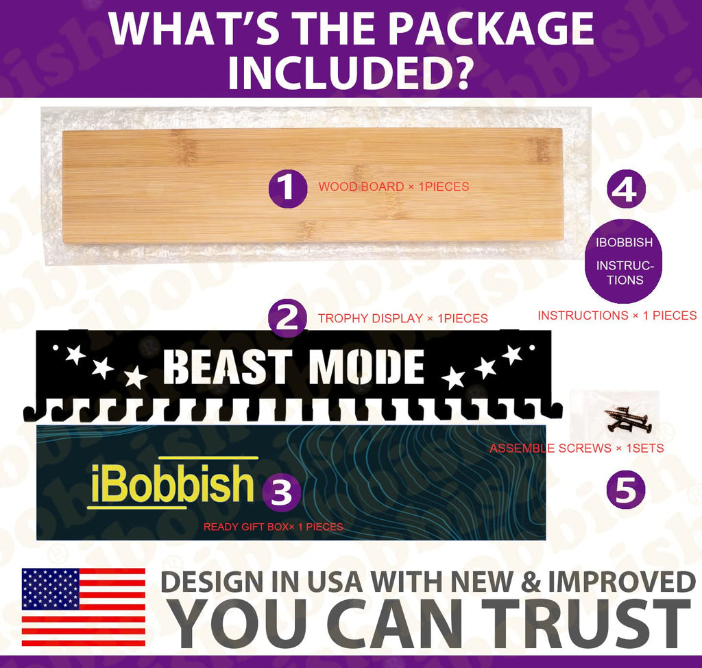 iBobbish Beast Mode Trophy and Medal Hanger Display Shelf,Trophy Medal Hanger Display in Black Metal Wall Mount Over Big Medals Trophy Display Shelf with Gifts Box